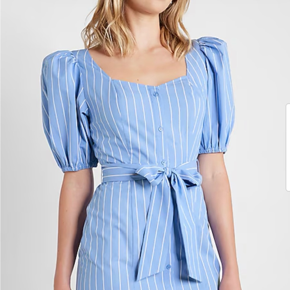 Stripped Puff Sleeve Tie Waist Mini Dress